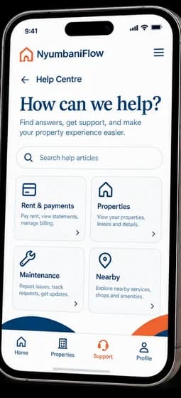 NyumbaniFlow app Help Centre screen showing quick-access categories for rent, properties, maintenance, and nearby listings