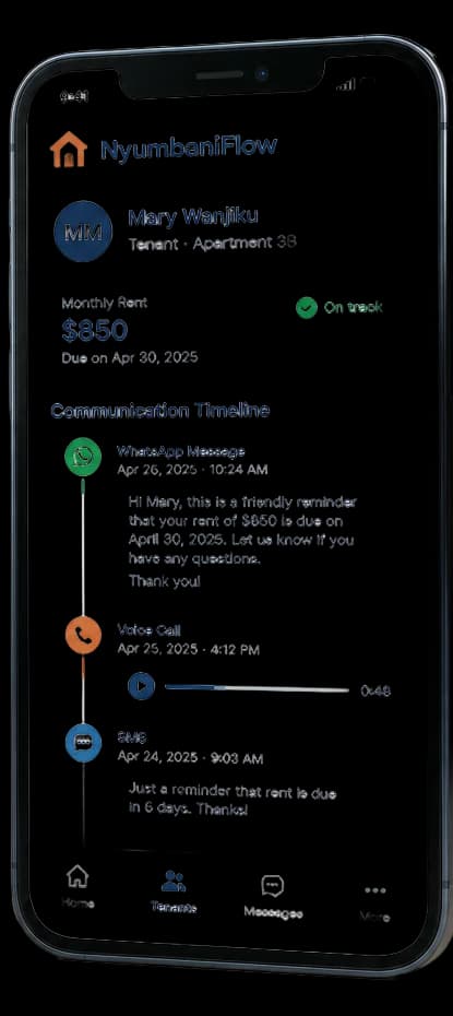 Phone screen showing a tenant’s communication timeline with WhatsApp, voice call, and SMS entries