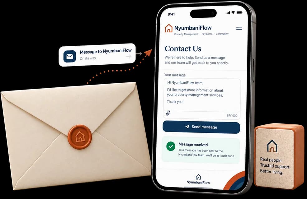An envelope sealed with the NyumbaniFlow home logo next to a phone showing a sent contact message, alongside a "Real people. Trusted support. Better living." card