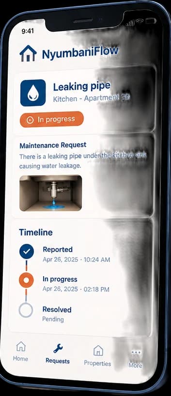 Phone screen showing a maintenance request for a leaking kitchen pipe with a reported-in progress-resolved timeline