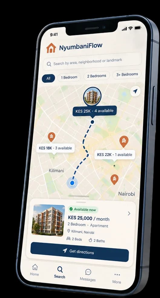 Phone screen showing a map search of nearby available rentals with pricing and a "Get directions" button