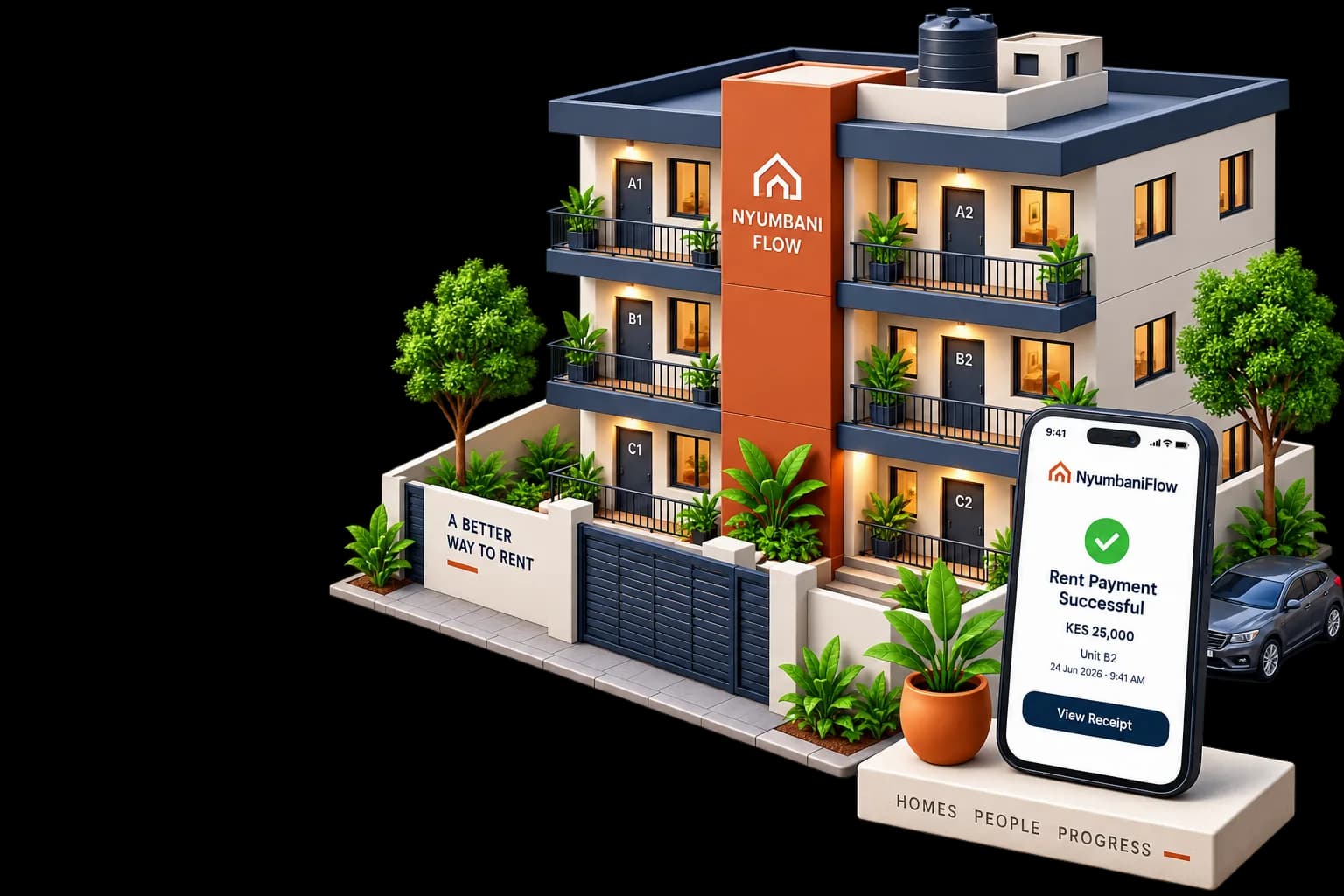 Isometric illustration of a NyumbaniFlow-managed apartment building, labeled units A1 through C2, with a smartphone in front showing a successful rent payment confirmation of KES 25,000 for Unit B2